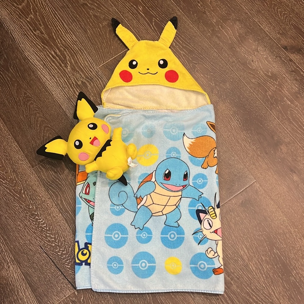 POKÉMON PICHU stuffed toy. 22” tall x 10” wide at ears.Hooded towel approx 2’x4’